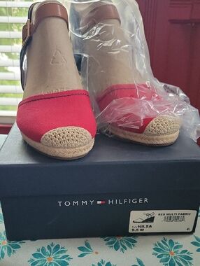Tommy Hilfiger Red Canvas Wedge Espadrilles with Brown Ankle Strap